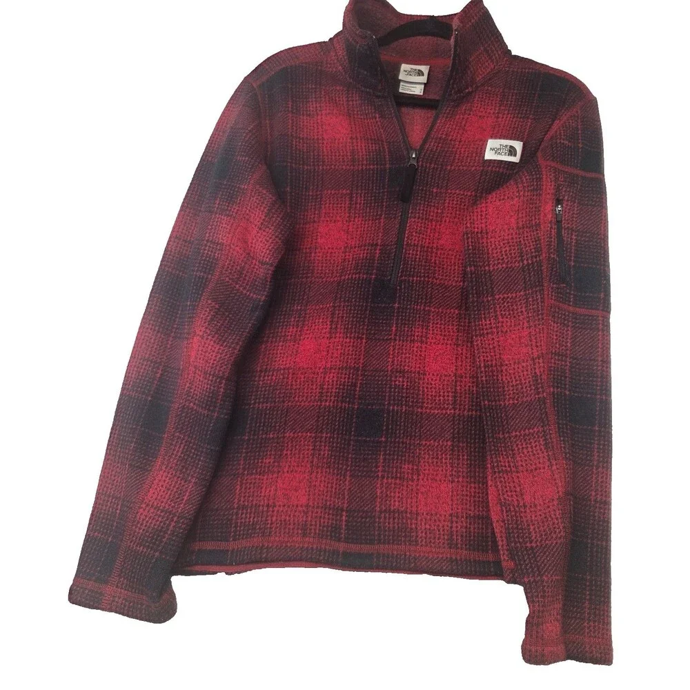 The North Face Plaid Quarter Zip Fleece Pullover Jacket Red Black Mens Small